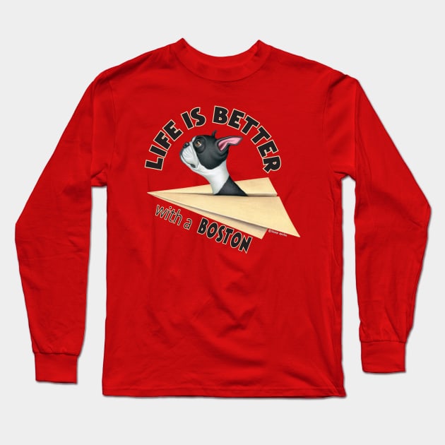 Fun awesome Boston Terrier in Paper Airplane Long Sleeve T-Shirt by Danny Gordon Art